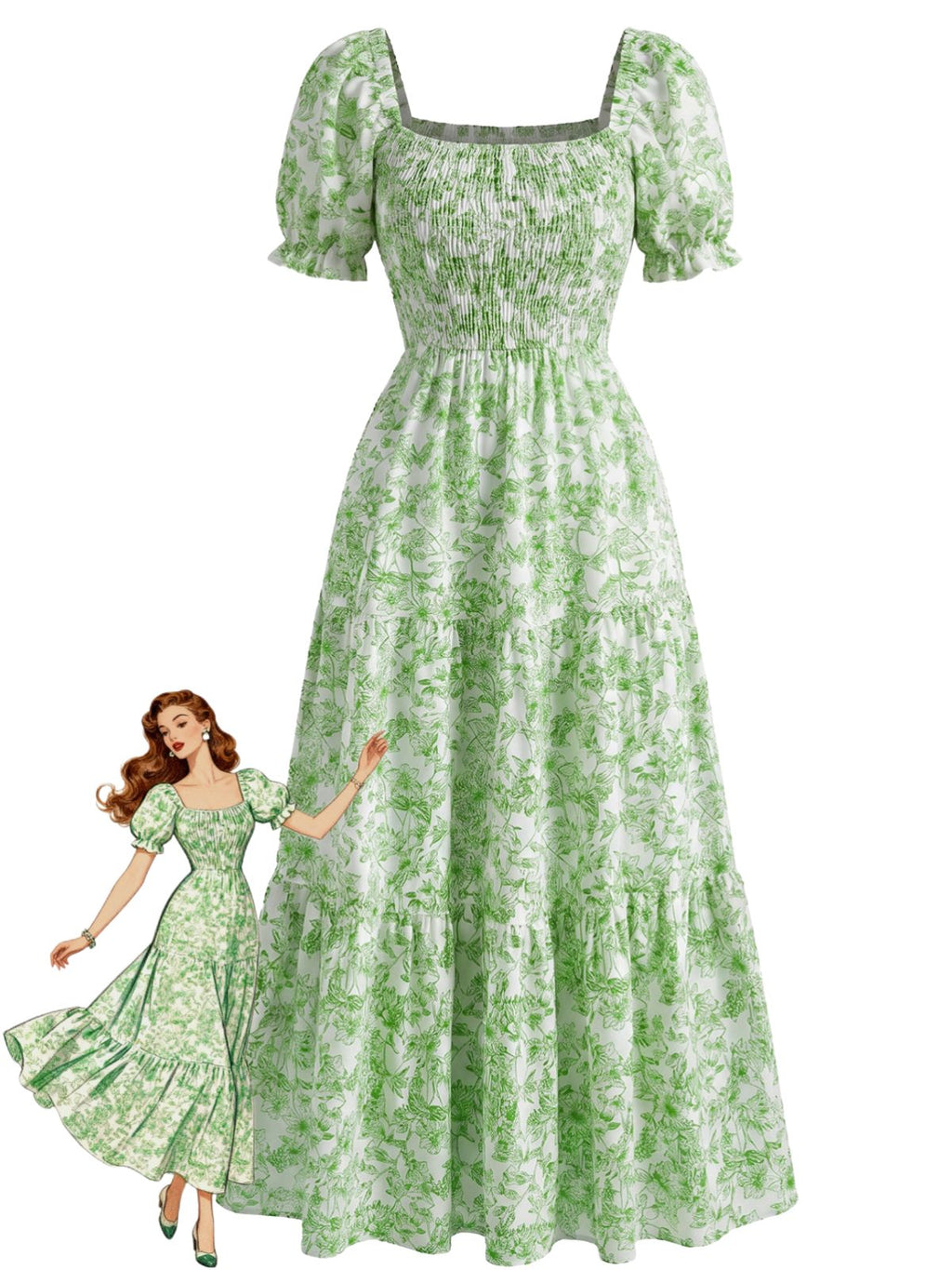 1940s Floral Wrinkle Square Neck Dress