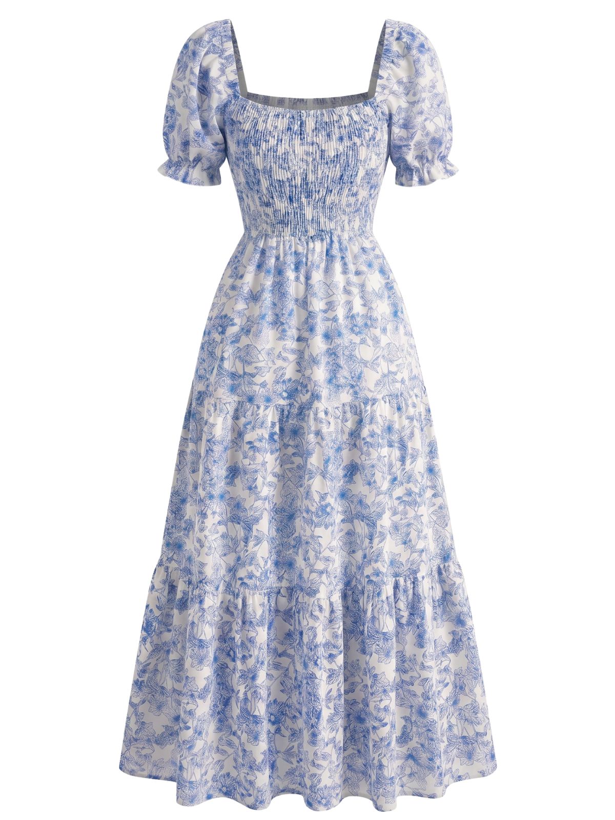 1940s Floral Wrinkle Square Neck Dress