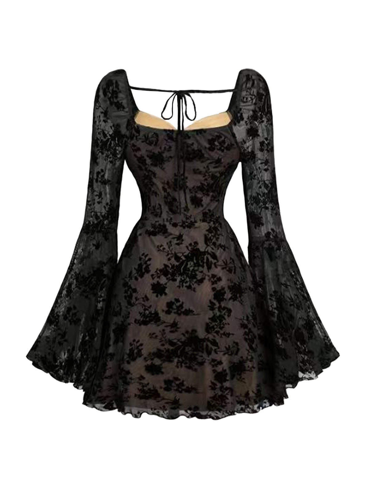 Black 1950s Lace Floral Bishop Sleeves Dress