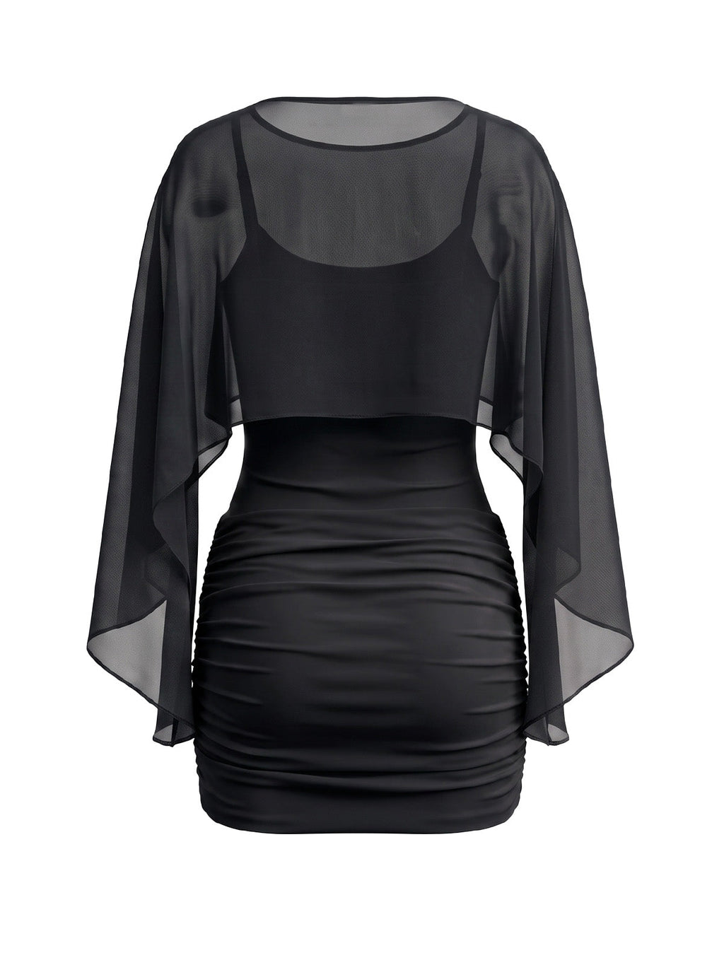 Black 1960s Cami Ruched Bodycon Mini Dress With Sheer Cape