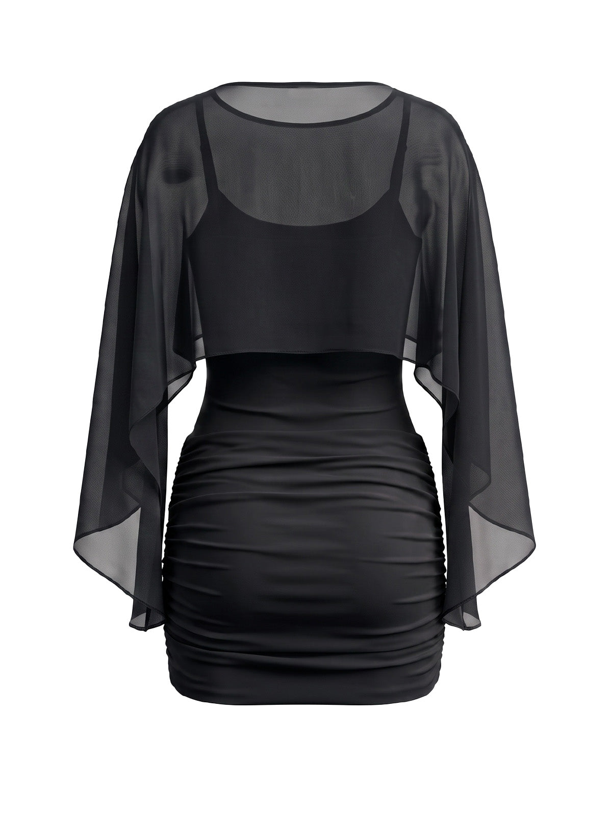 Black 1960s Cami Ruched Bodycon Mini Dress With Sheer Cape