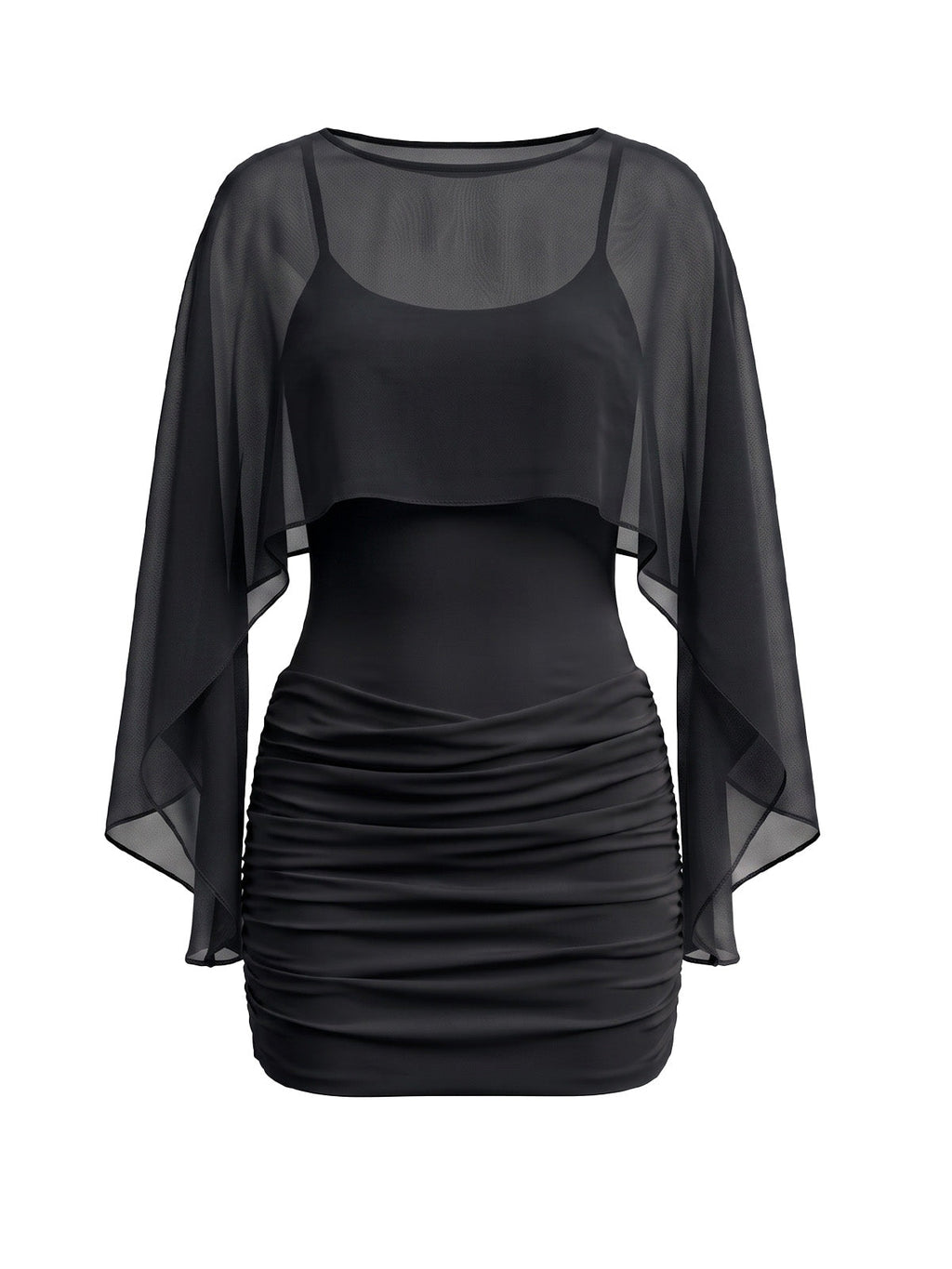 Black 1960s Cami Ruched Bodycon Mini Dress With Sheer Cape