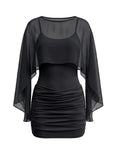 Black 1960s Cami Ruched Bodycon Mini Dress With Sheer Cape