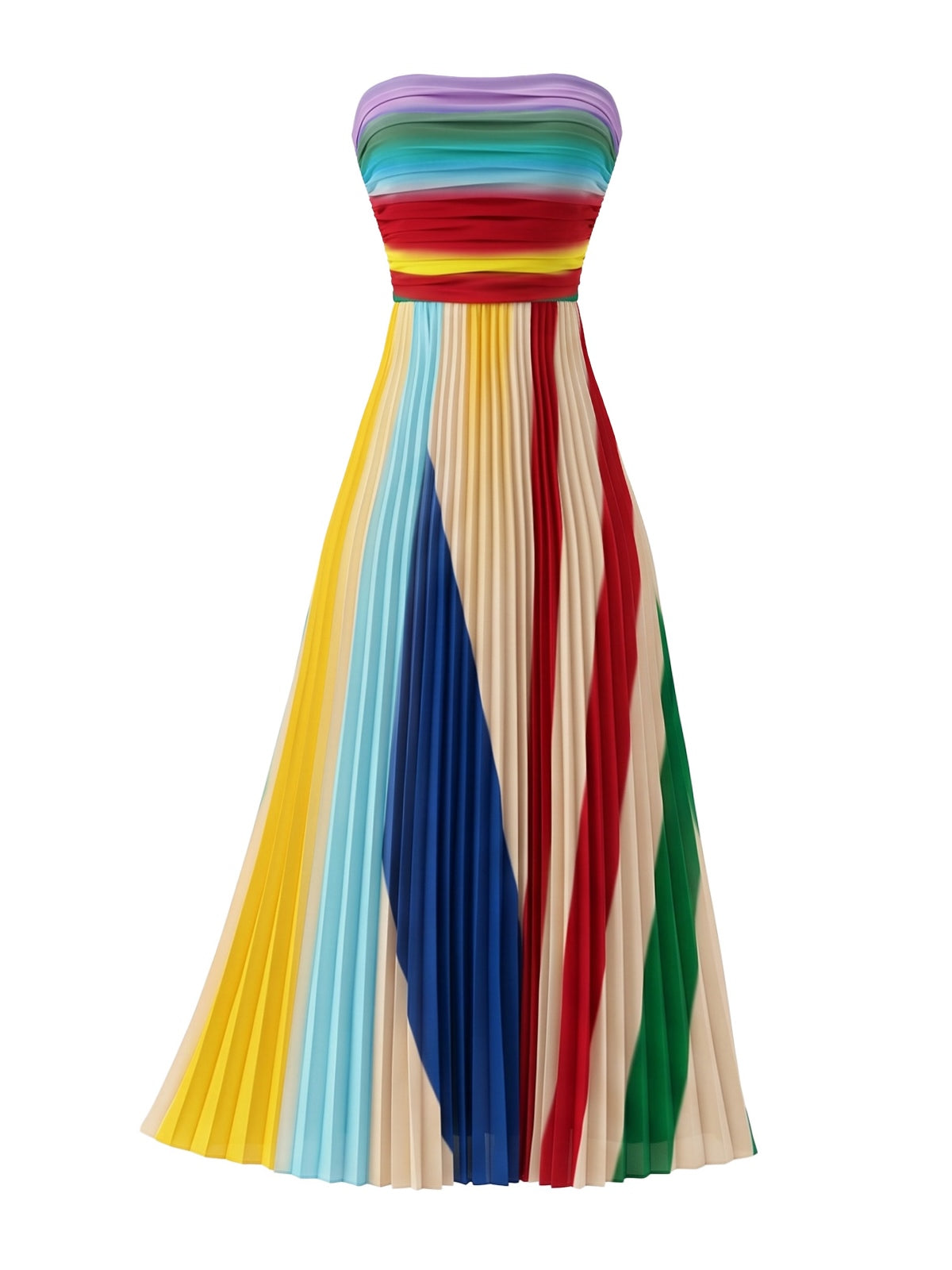 1970s Rainbow Pleated Strapless Maxi Dress