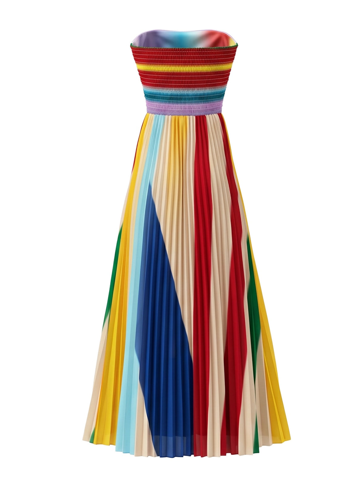 1970s Rainbow Pleated Strapless Maxi Dress