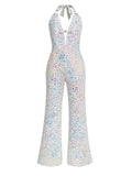 Metallic 1980s Leopard Halter Deep-V Backless Jumpsuit