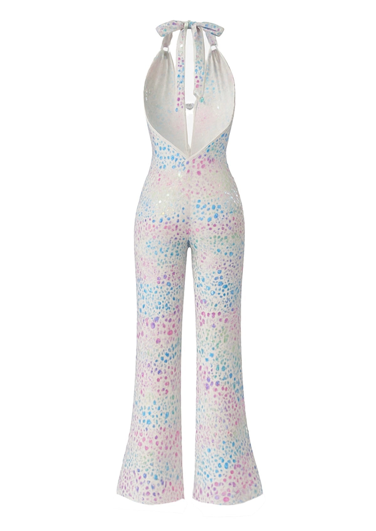 Metallic 1980s Leopard Halter Deep-V Backless Jumpsuit
