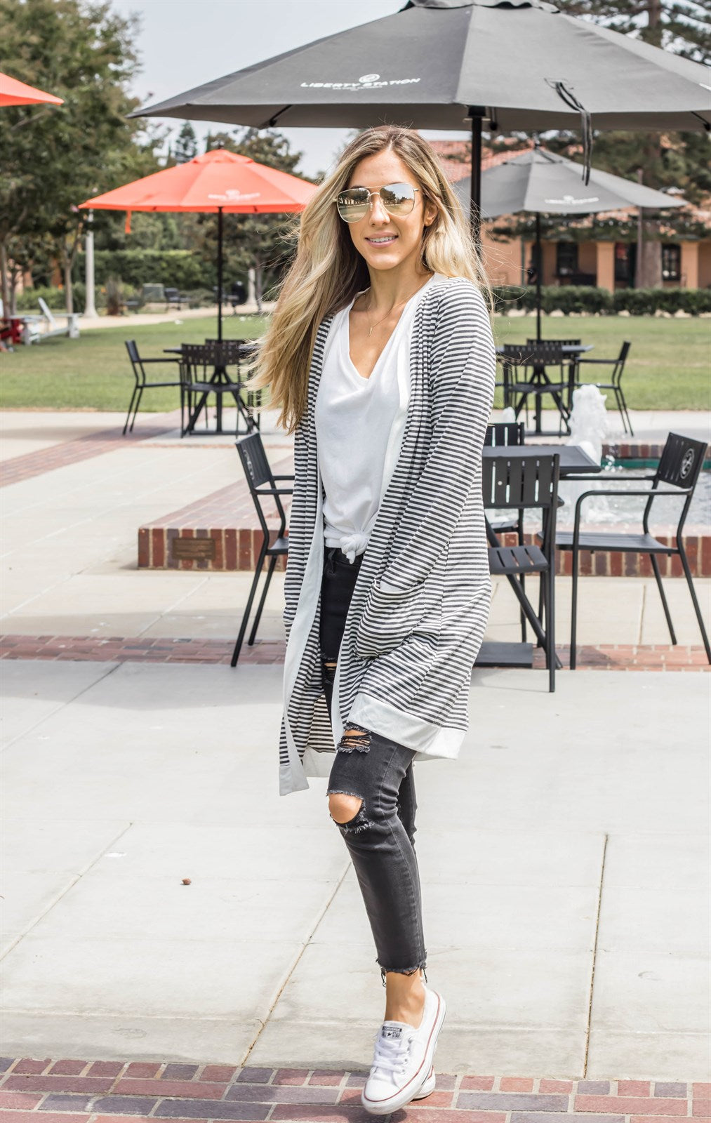 Striped Pocket Cardigan - Charcoal