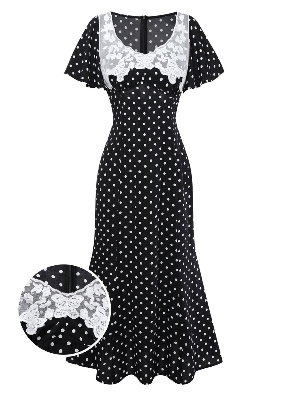 Black 1930s Lace Trim Polka Dot Dress
