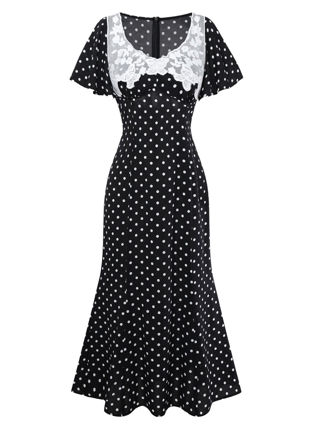 Black 1930s Lace Trim Polka Dot Dress
