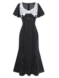 Black 1930s Lace Trim Polka Dot Dress