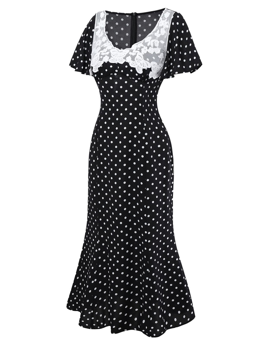 Black 1930s Lace Trim Polka Dot Dress