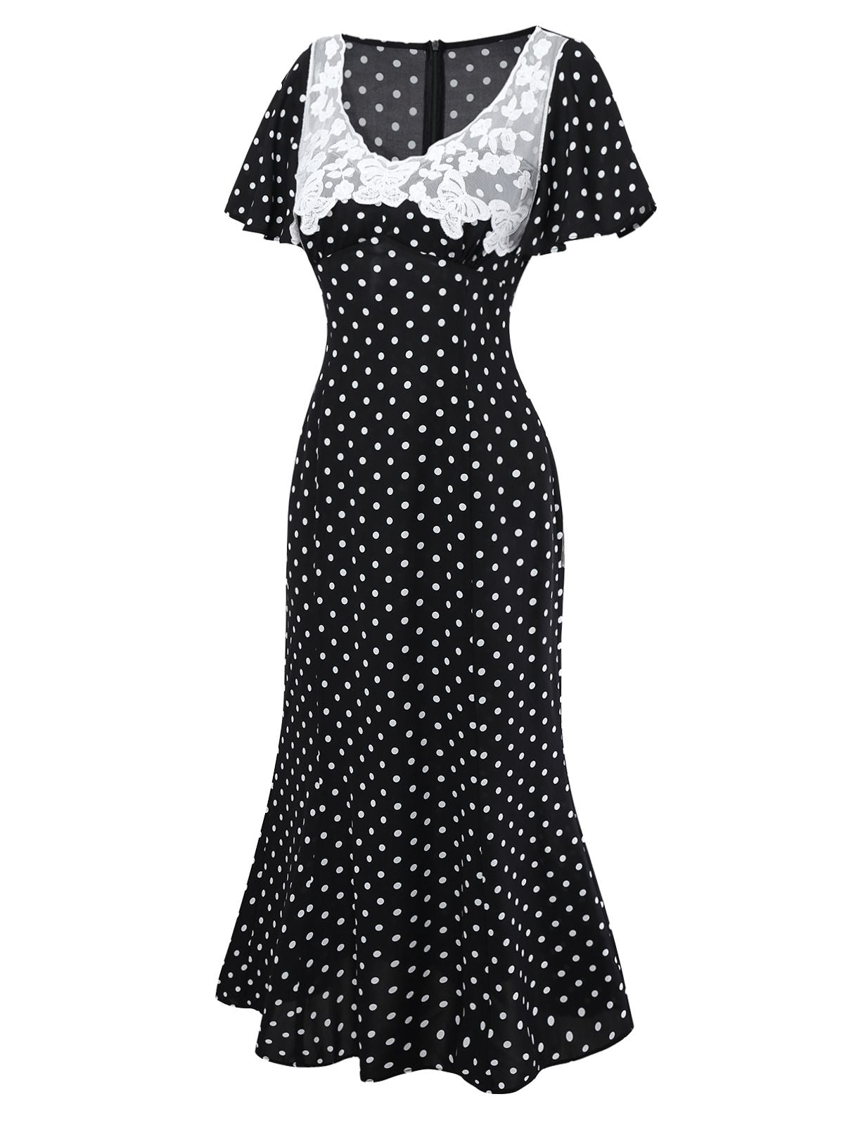 Black 1930s Lace Trim Polka Dot Dress