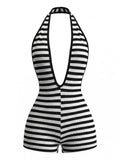 Black 1970s Striped Halter Neck Knit Romper