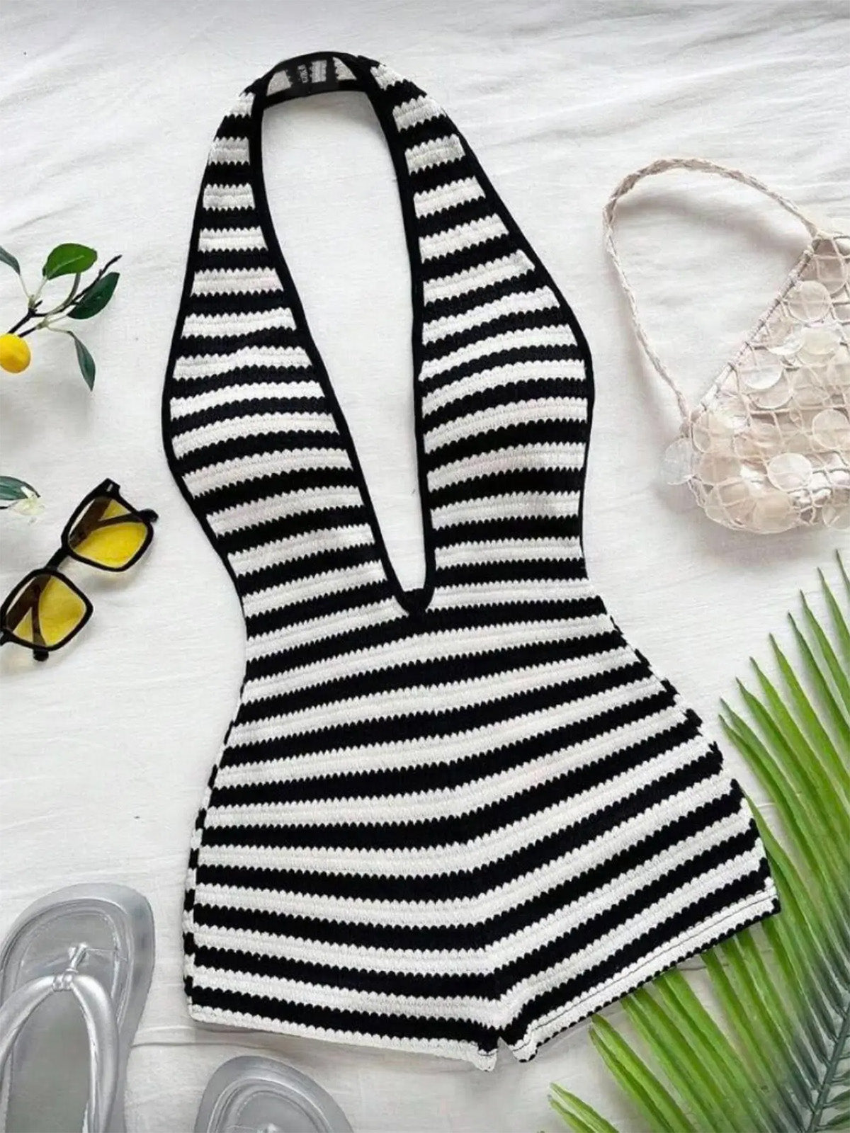 Black 1970s Striped Halter Neck Knit Romper