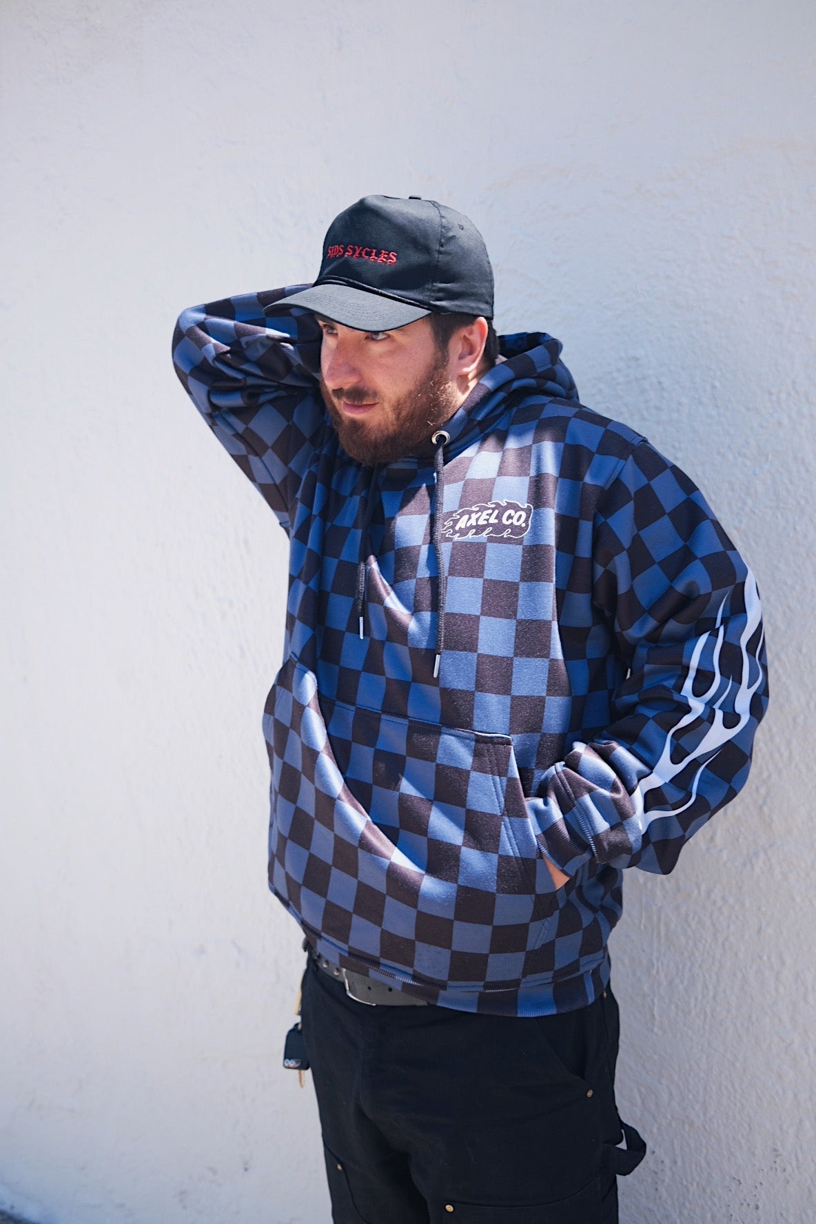 Navy Blue & Black Checkered Flame Hoodie