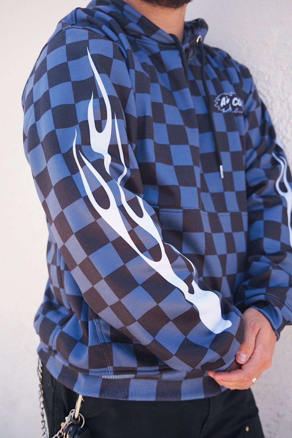 Navy Blue & Black Checkered Flame Hoodie