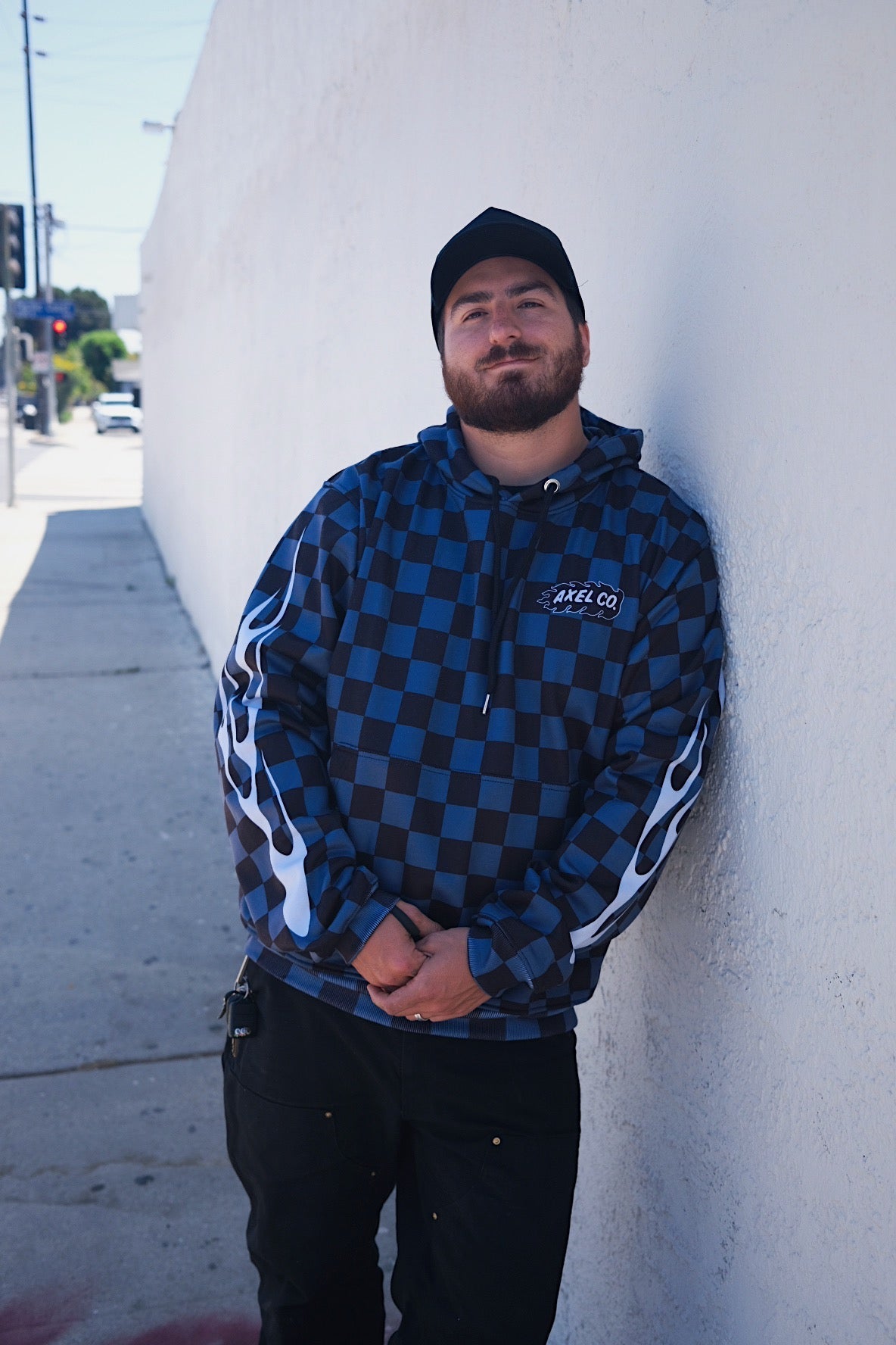 Navy Blue & Black Checkered Flame Hoodie