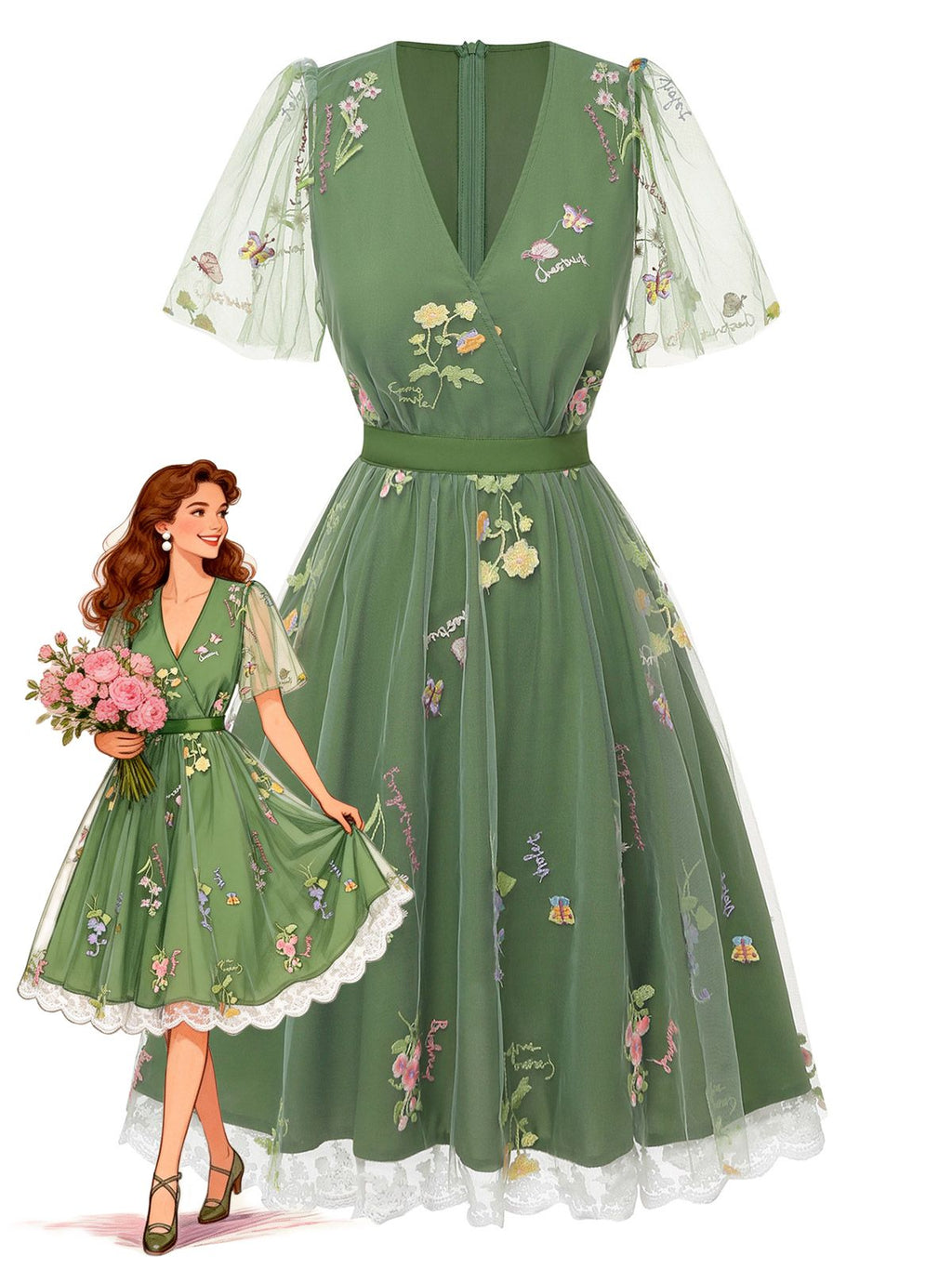 Green 1950s Floral Puff Sleeve Mesh Embroidered Dress