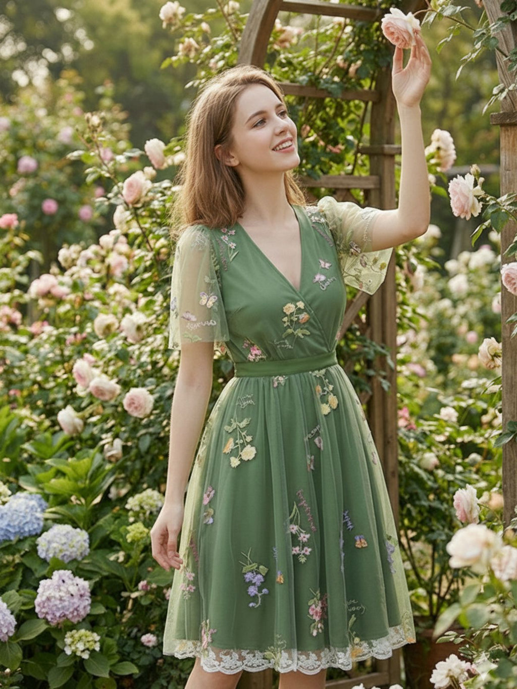 Green 1950s Floral Puff Sleeve Mesh Embroidered Dress