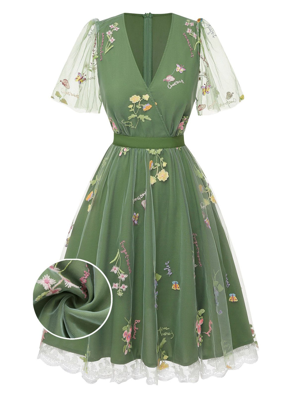 Green 1950s Floral Puff Sleeve Mesh Embroidered Dress