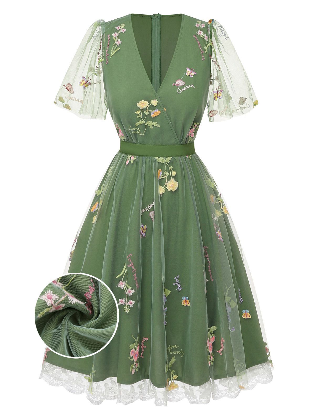 Green 1950s Floral Puff Sleeve Mesh Embroidered Dress