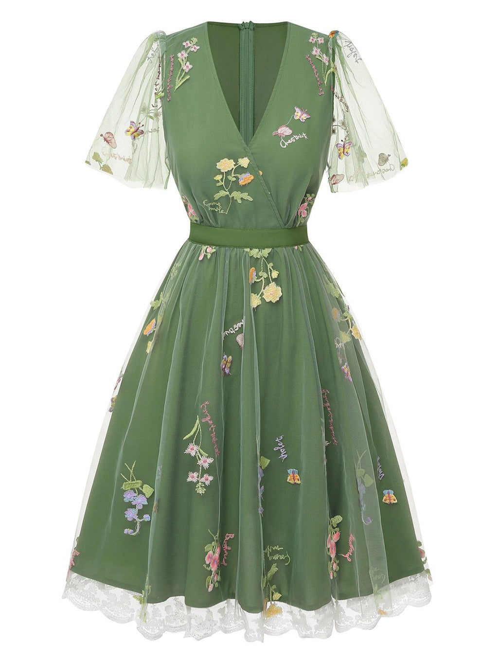 Green 1950s Floral Puff Sleeve Mesh Embroidered Dress
