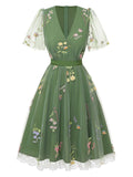 Green 1950s Floral Puff Sleeve Mesh Embroidered Dress