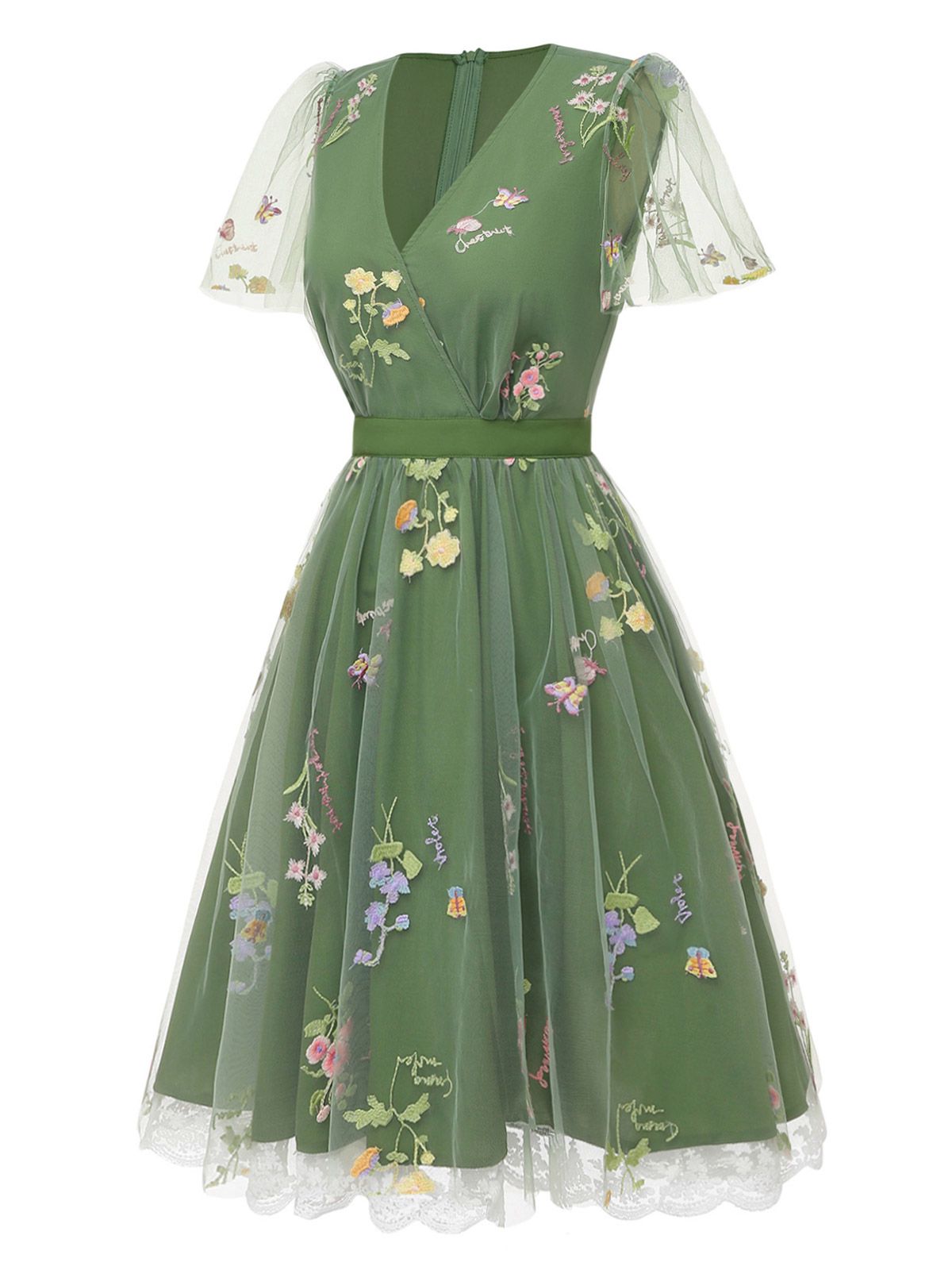 Green 1950s Floral Puff Sleeve Mesh Embroidered Dress