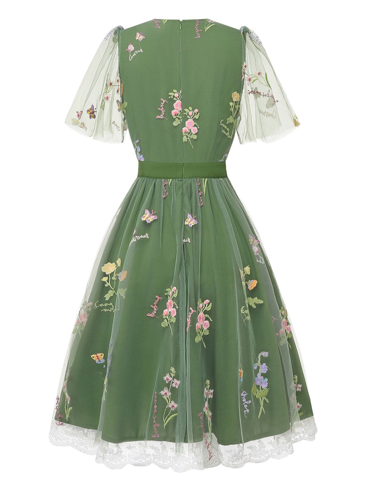 Green 1950s Floral Puff Sleeve Mesh Embroidered Dress