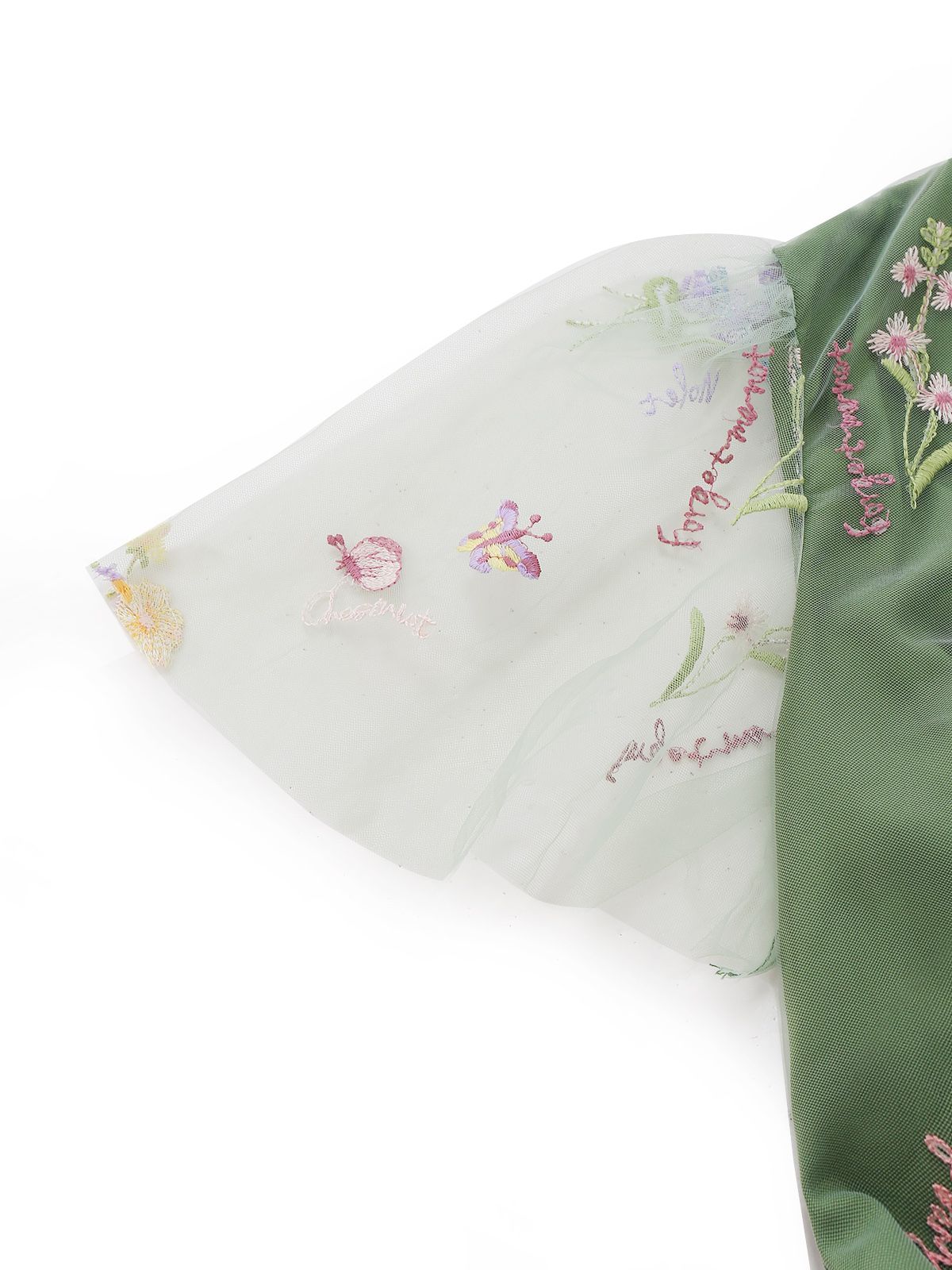 Green 1950s Floral Puff Sleeve Mesh Embroidered Dress