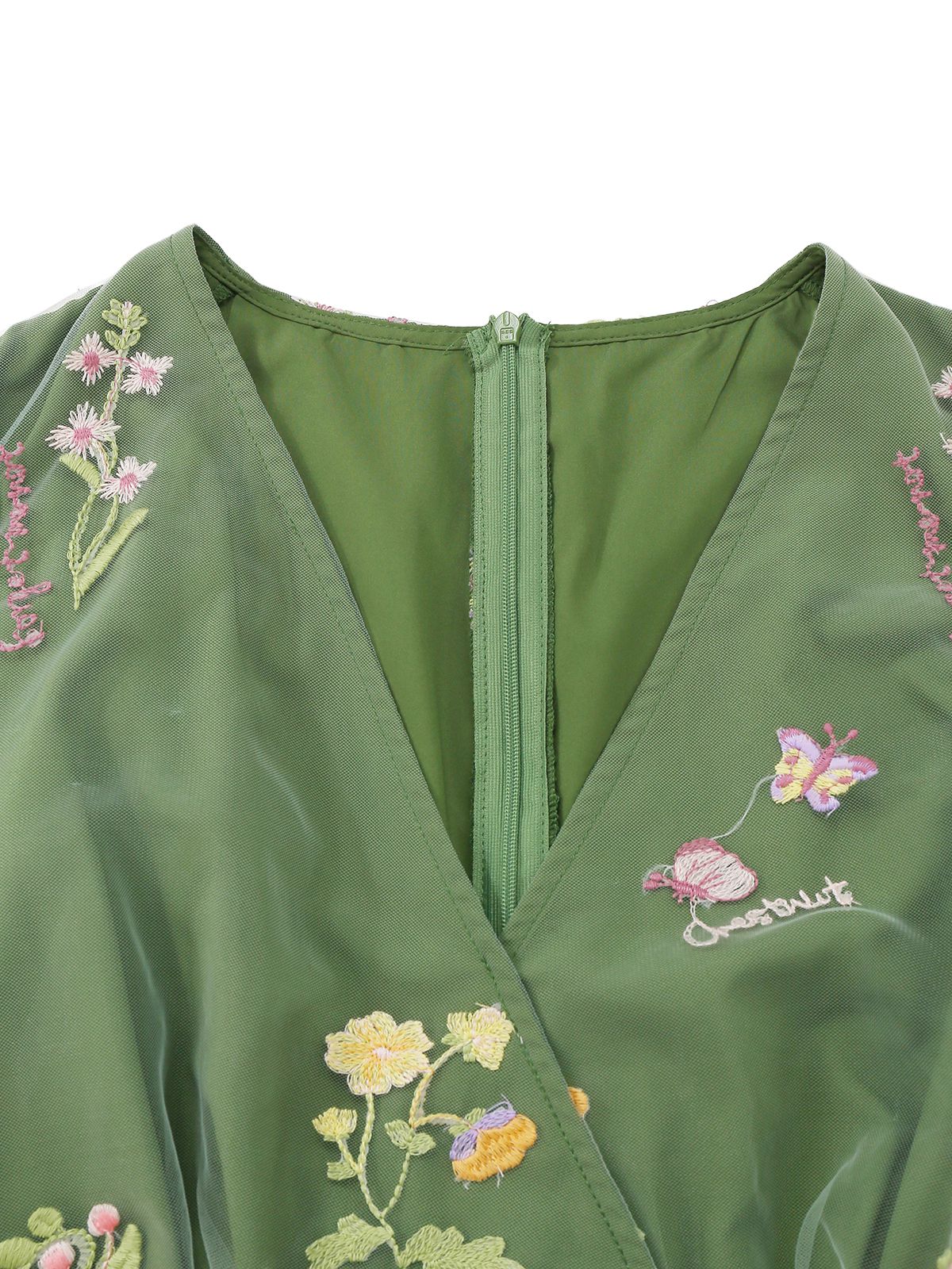 Green 1950s Floral Puff Sleeve Mesh Embroidered Dress
