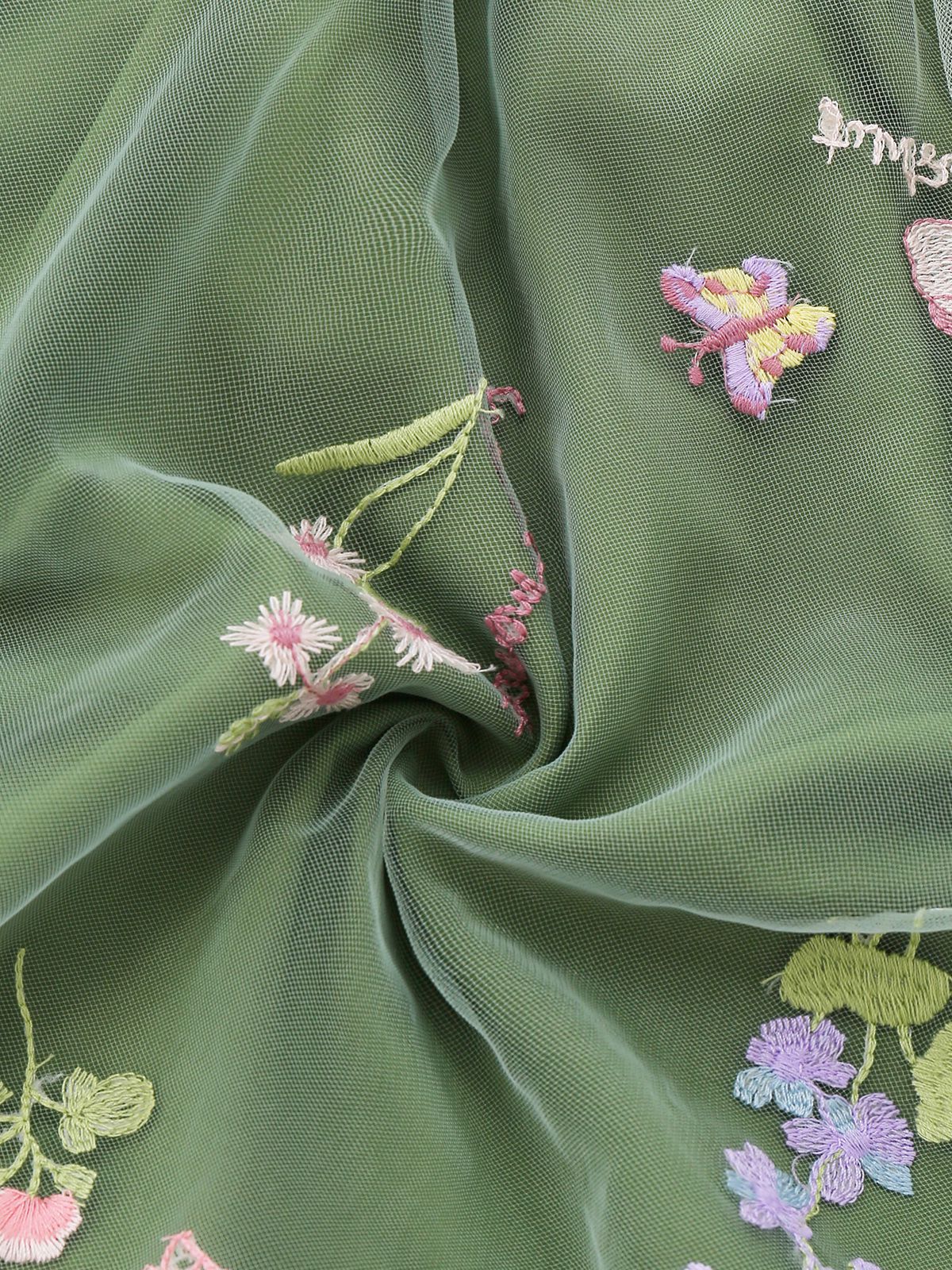 Green 1950s Floral Puff Sleeve Mesh Embroidered Dress