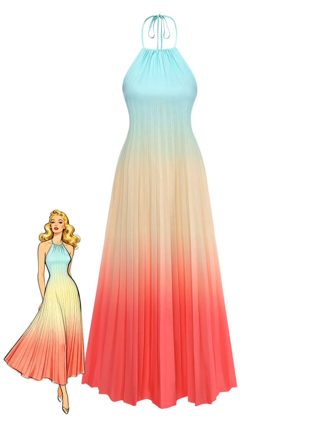Multicolor 1930s Halter Gradient Pleated Maxi Dress