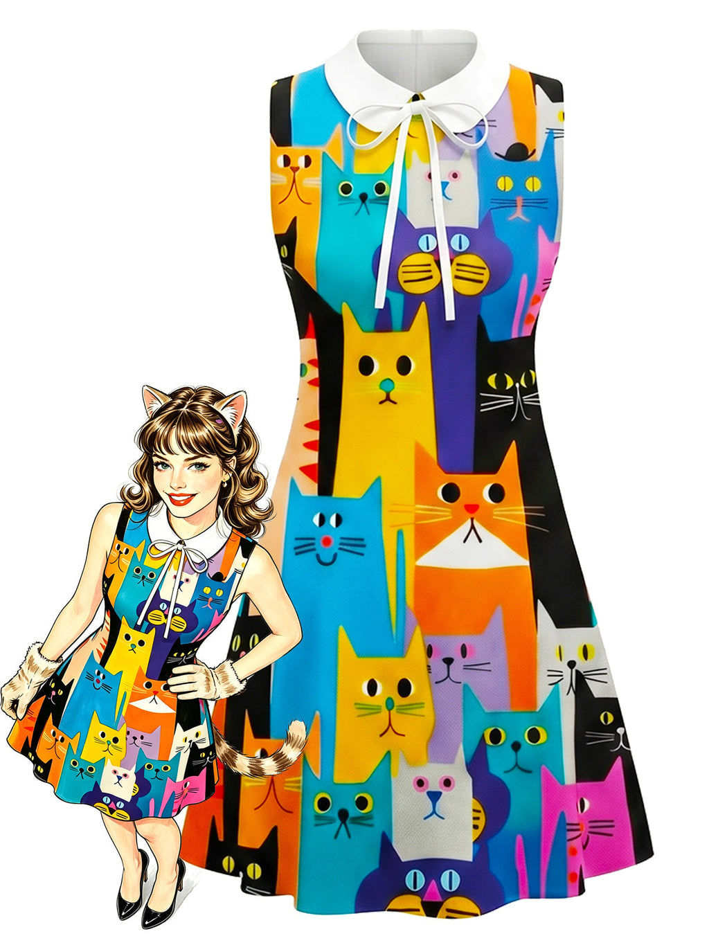 [Pre-Sale] Multicolor 1960s Cats A-Line Peter Pan Collar Dress