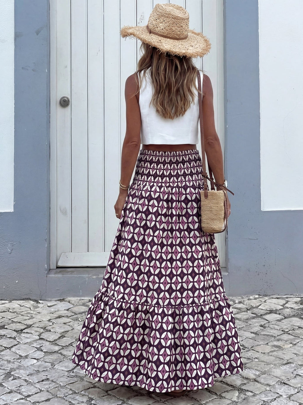 Plum Geo Print Smocked Maxi Skirt