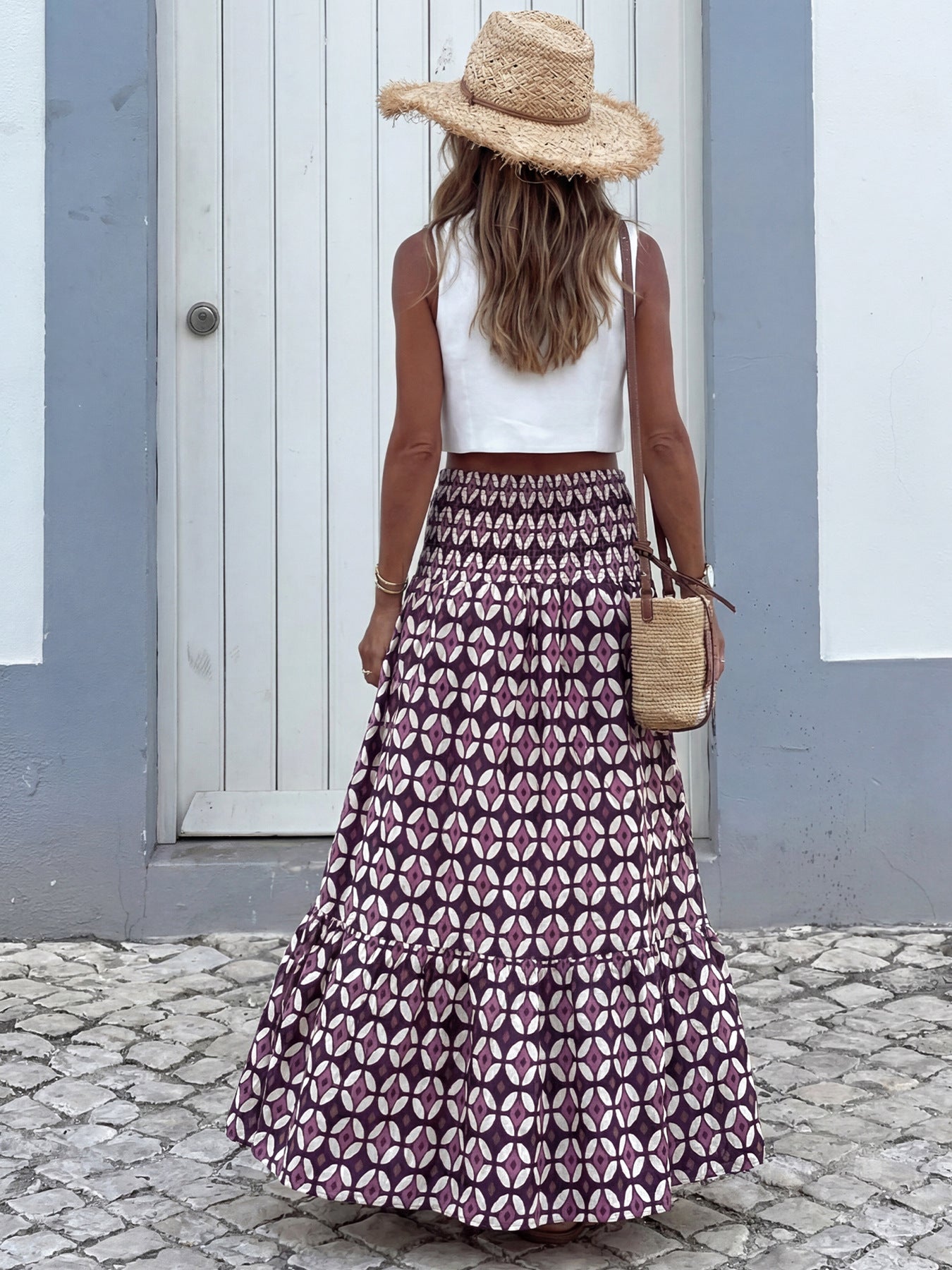 Plum Geo Print Smocked Maxi Skirt