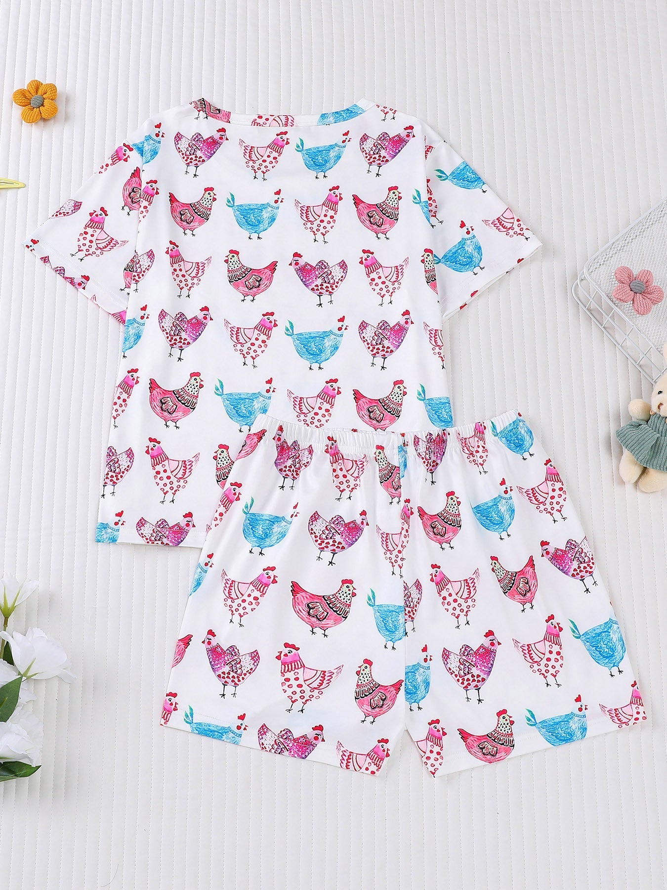 Girls Patterned Chicken Pajama Set