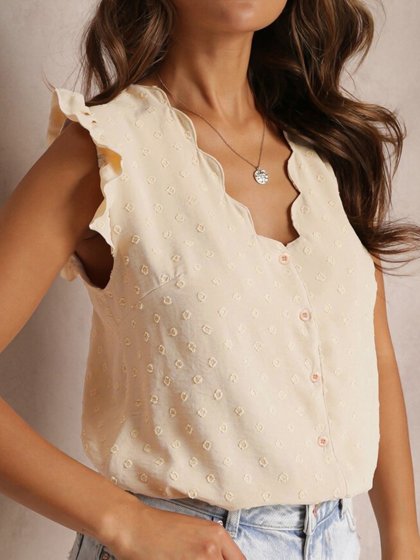 Swiss Dot Ruffle Sleeve Scalloped Front Blouse
