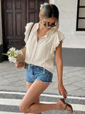 Cream Ruffle Sleeve Tie Neck Blouse