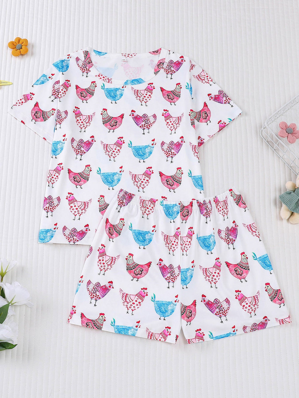 Girls Patterned Chicken Pajama Set