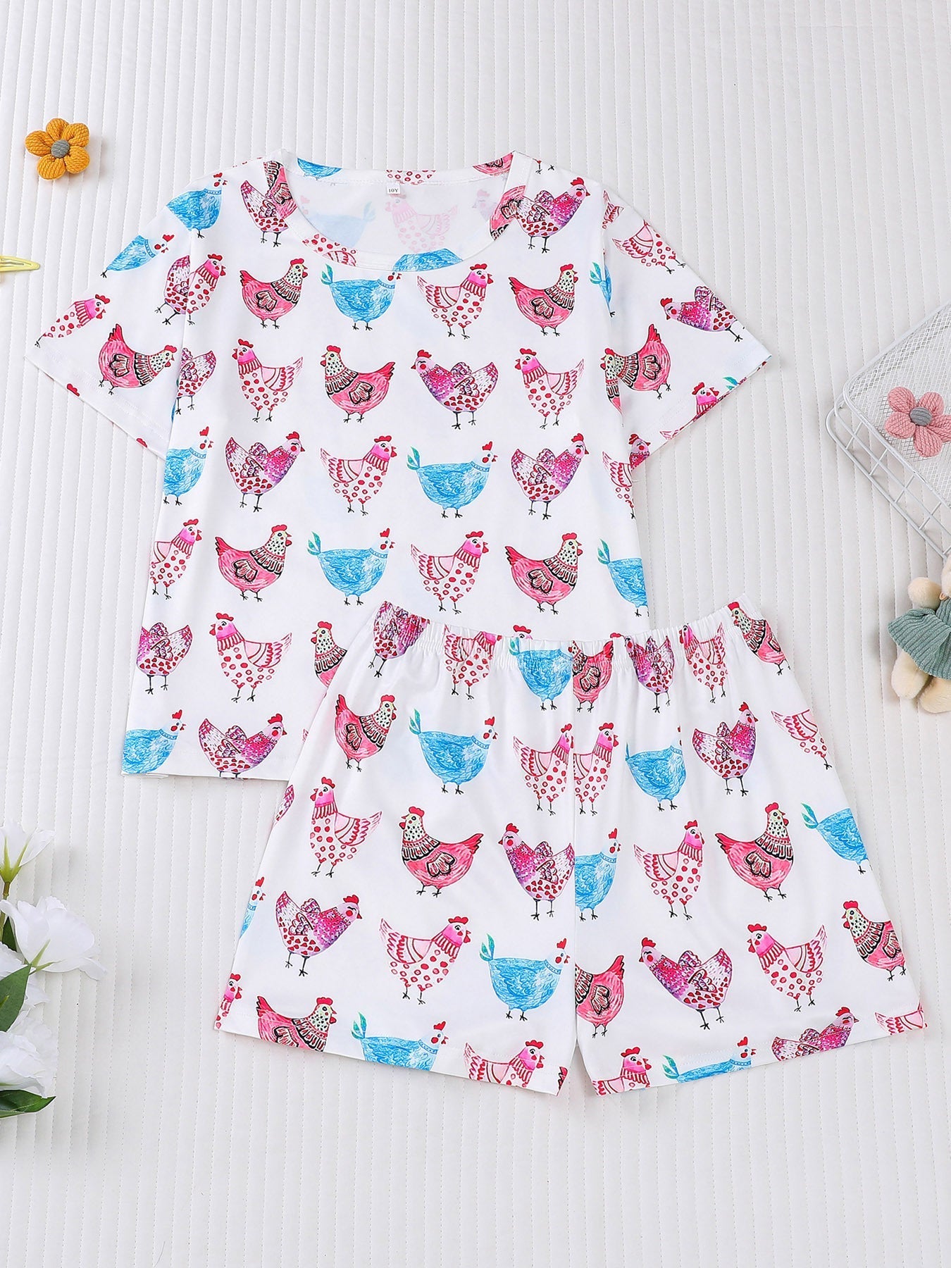 Girls Patterned Chicken Pajama Set