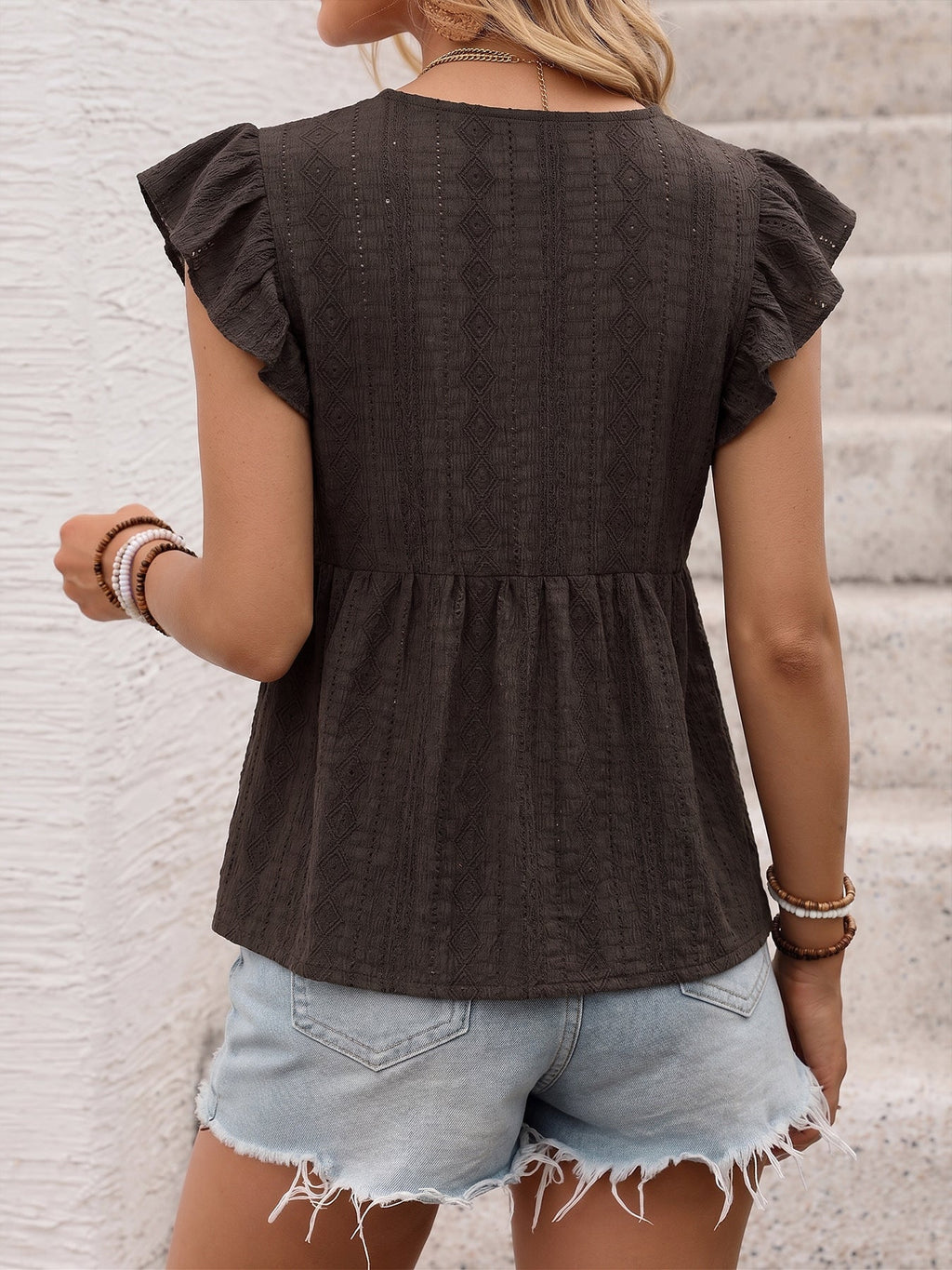 Dark Brown Lace Trim Babydoll Blouse