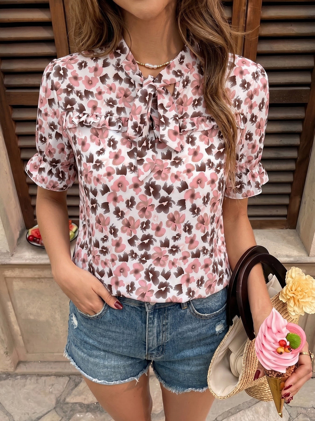 Blush Bloom Tie Neck Floral Blouse