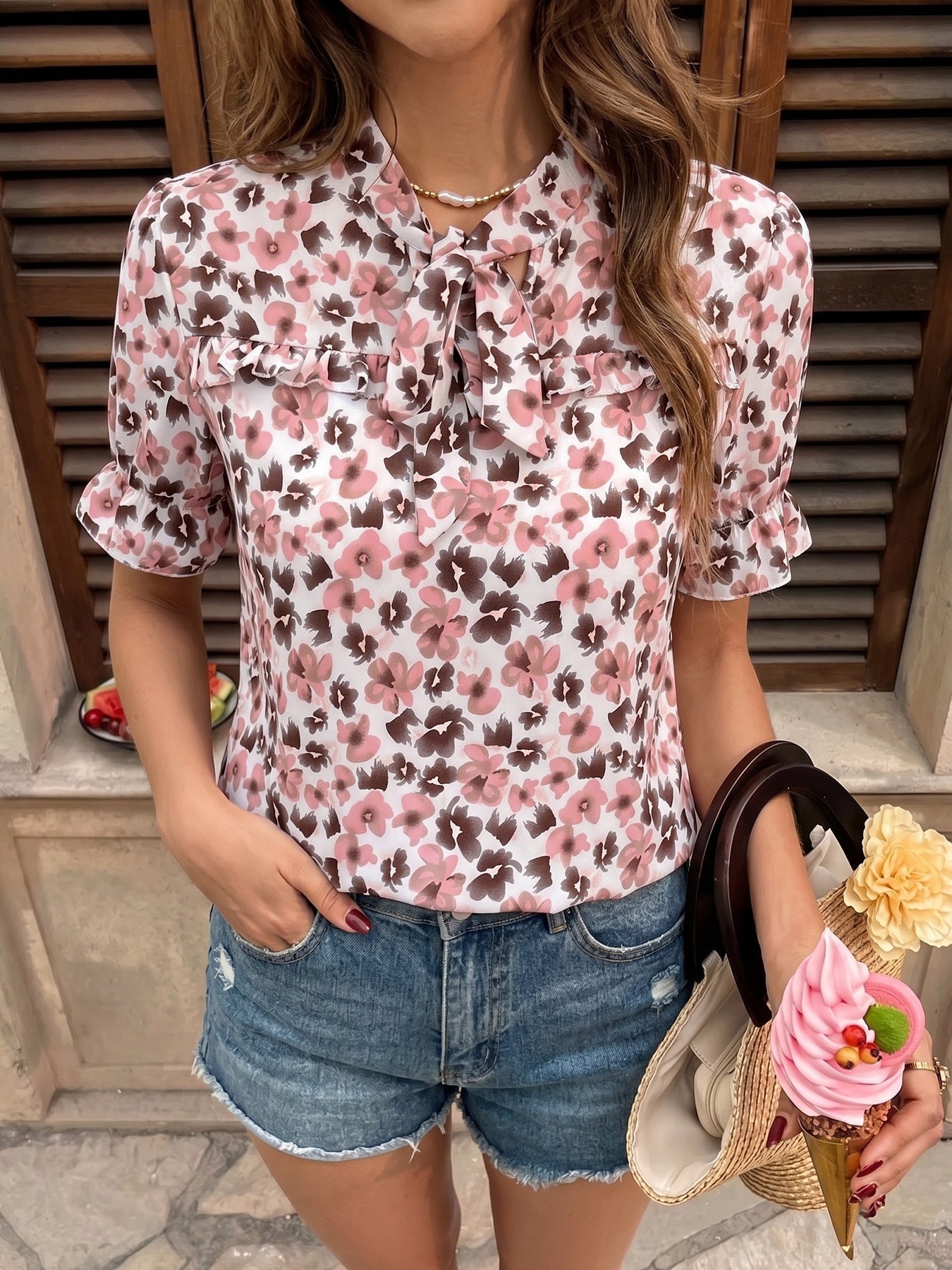 Blush Bloom Tie Neck Floral Blouse