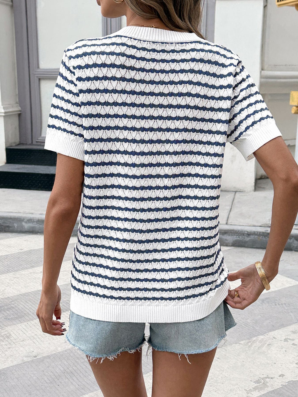 Striped Knit Button Detail Short Sleeve Top