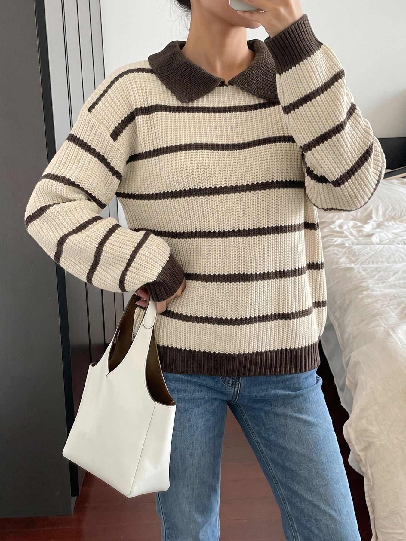 Contrast Stripe Collared Knit Sweater