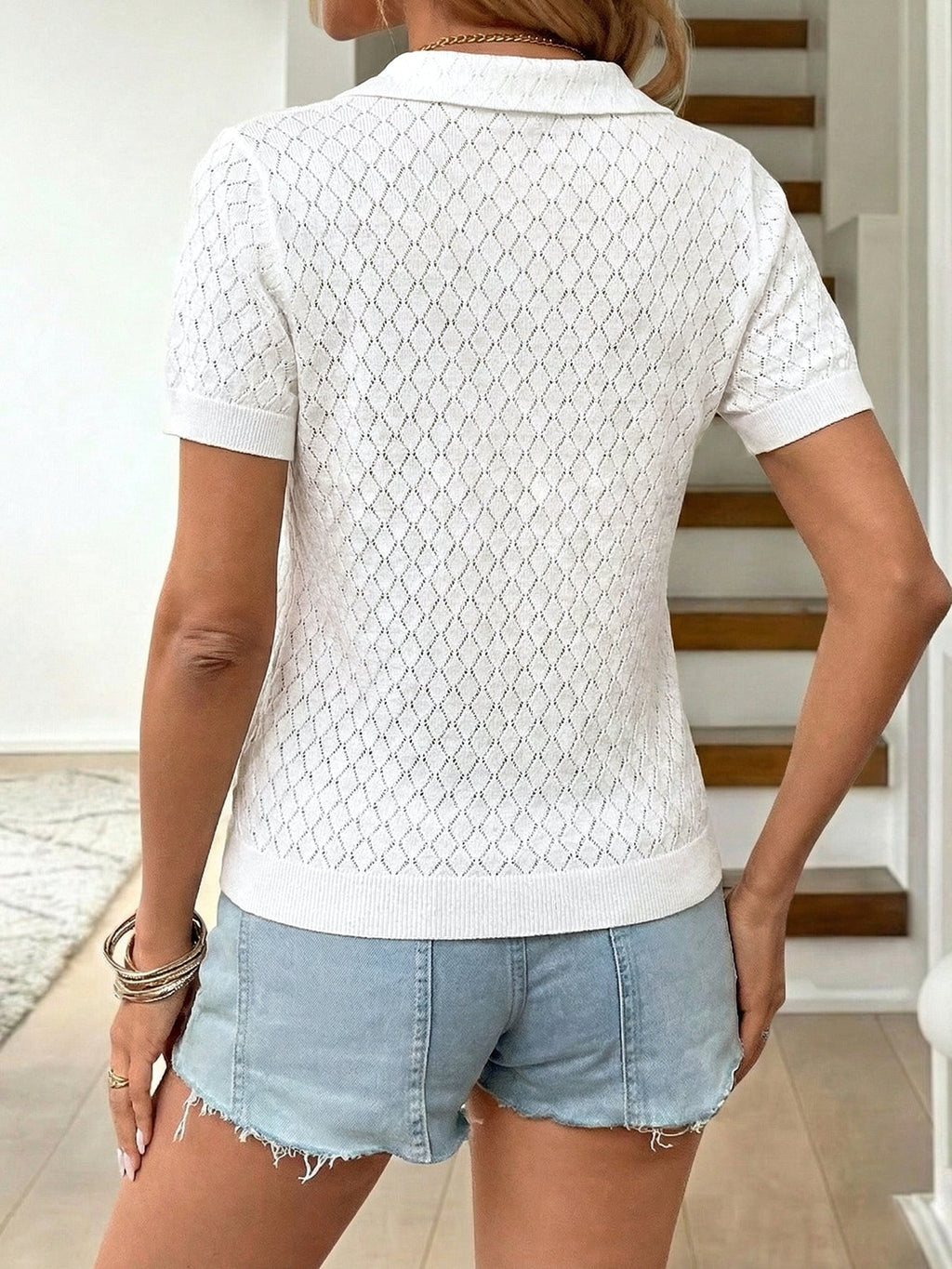 Pointelle Knit Collared Short Sleeve Top