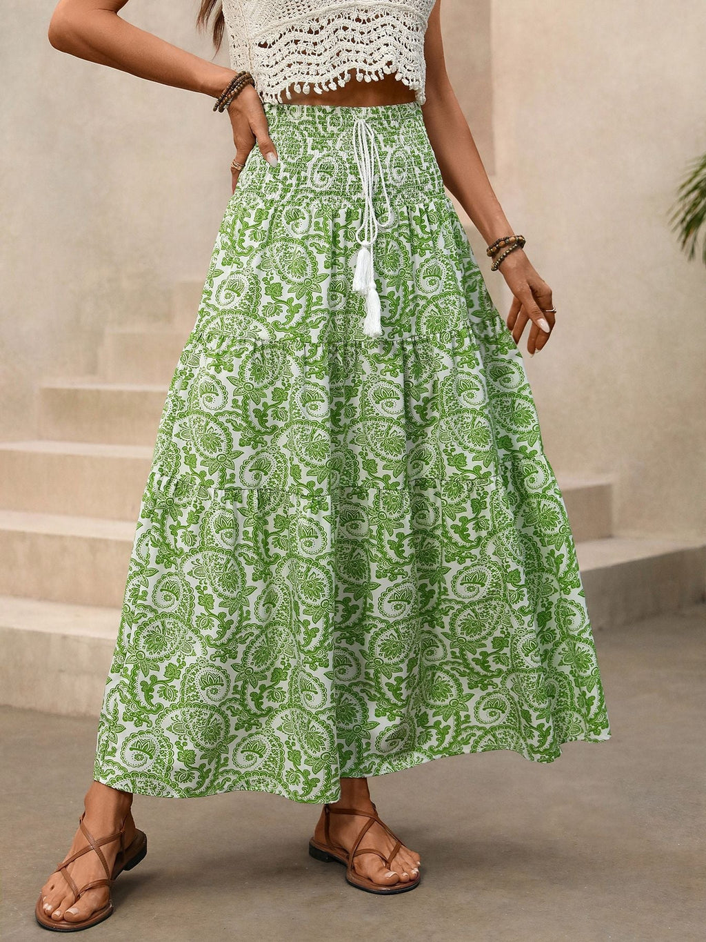 Green Paisley Tiered Maxi Skirt