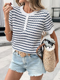 Striped Knit Button Detail Short Sleeve Top